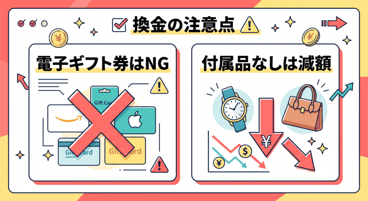 大黒屋で買取不可となる電子ギフト券や、付属品がなくて減額対象になるブランド品の注意点を説明したイラスト