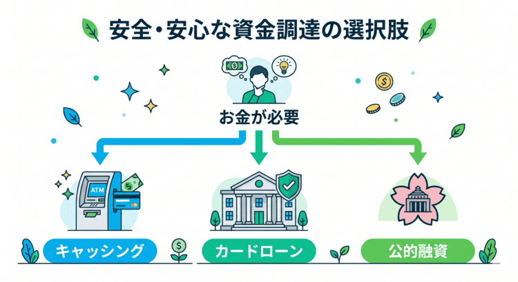 クレジットカード現金化に頼らない安全な代替手段(キャッシング・カードローン・公的融資)のルートマップ