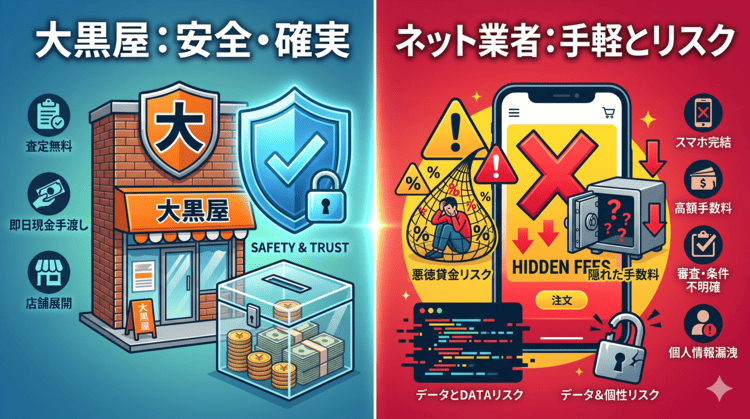 大黒屋での自己現金化(安全・確実)と、ネットの現金化業者(手軽だがリスクあり)のメリット・デメリットを対比した図解