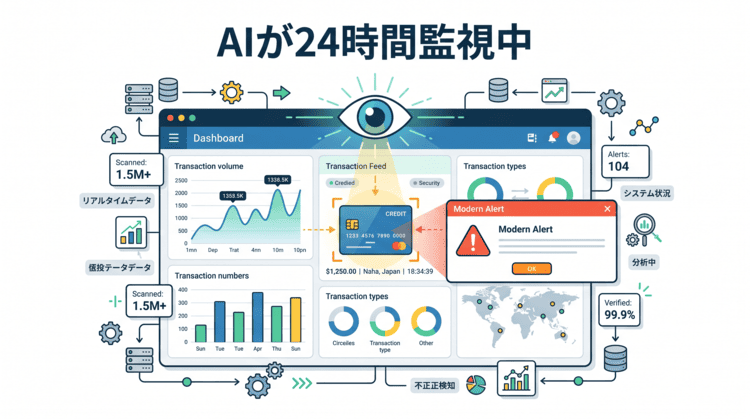 クレジットカード会社の不正検知AIシステムが24時間体制で決済を監視しているイメージ